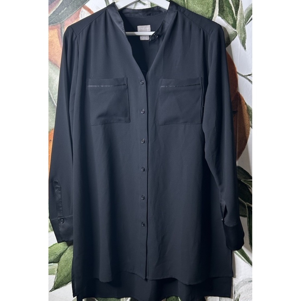 Chicos Size 8/10 Medium Black Collarless Button Down Long Sleeve Tunic Top